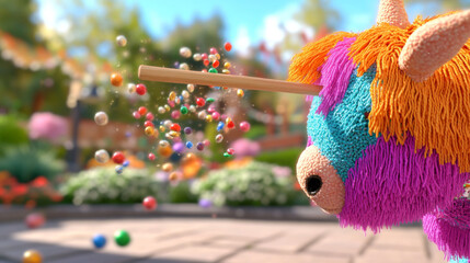 Obraz premium Pinata bursting with colorful candy in outdoor celebration scene