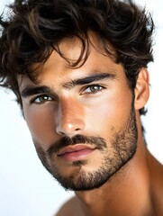 Obraz premium A handsome man with dark curly hair and a well-groomed beard stares intensely at the camera in a close-up portrait.