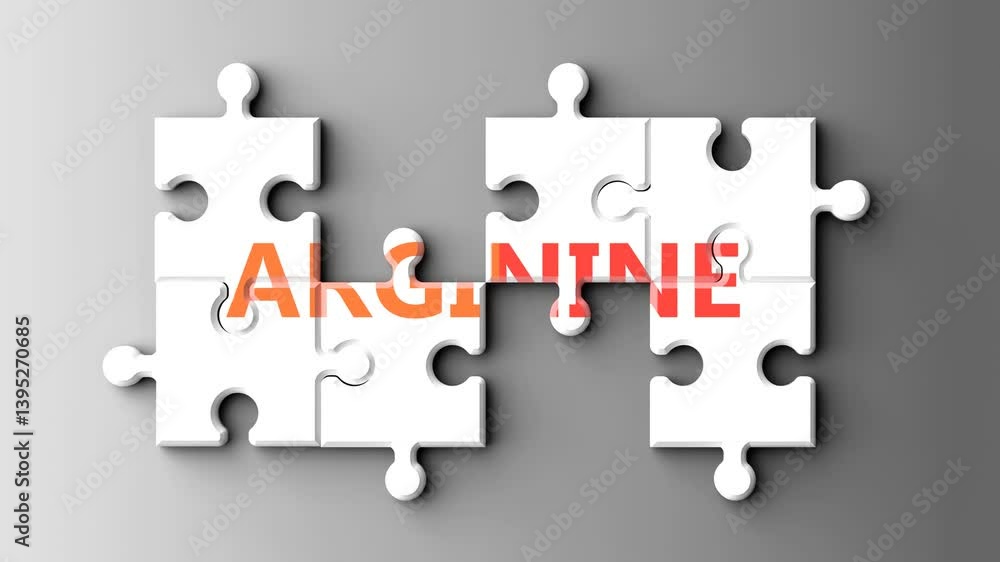 Poster arginine as a complex topic - pictured as word arginine on a puzzle pieces to show that arginine is 