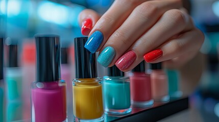 Hand picking colorful nail polish from an assortment of options