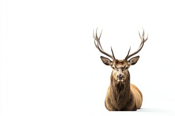Resting Stag Portrait with Large Antlers Isolated on White Background