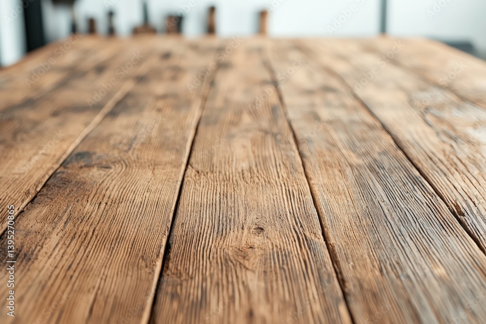 Aufkleber weathered wooden tabletop in a cozy workshop setting with blurred vintage tools