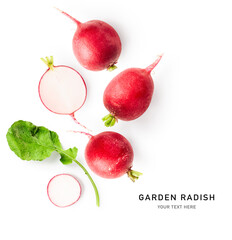 Delicious red radish and leaf photography isolated on white background.