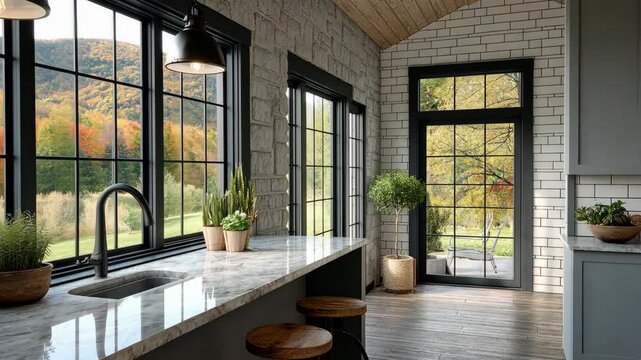 Rustic kitchen design with stone walls, black framed windows looking onto fall foliage and garden access for modern living