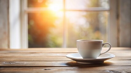 Fototapeta premium A single cup of coffee sits on a rustic wooden table near a sunlit window