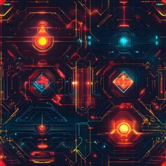 Fototapeta premium Seamless futuristic cybernetic enhancement pattern background featu vibrant glowing red orange and blue circuit board technology design ideal for digital art projects and