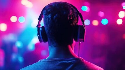 A person immersed in music, vibrant lights reflecting pure joy and freedom.