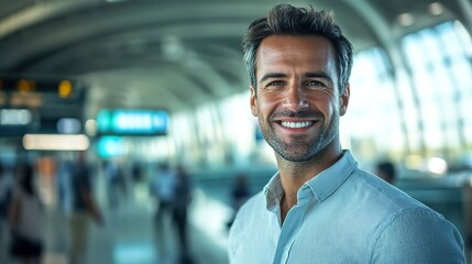 Confident man smiling in airport, exuding positivity and readiness for travel.