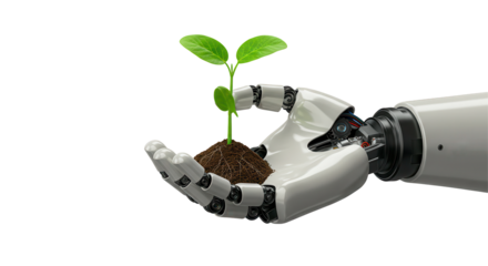 Robotic hand gently holding a small plant, symbolizing technology and nature's harmony