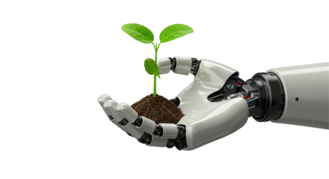 Robotic hand gently holding a small plant, symbolizing technology and nature's harmony