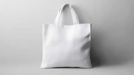 White tote bag on soft grey background, showcasing minimalist design with subtle shadows.