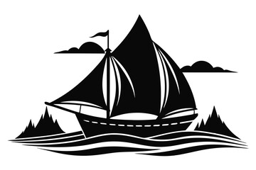 Silhouette of a sailboat on waves, with mountains and clouds against the sky