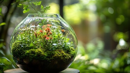 Vibrant Earth Terrarium with Green Moss and Wildflowers, Symbolizing Nature's Beauty and Eco-Consciousness