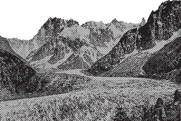 Mountain Valley with Glacier Illustration, a detailed grayscale illustration of a vast mountain valley with a prominent glacier flowing through it.
