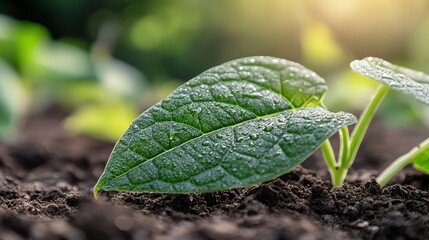 Vibrant green leaf with dewdrops on fresh soil, symbolizing nature's resilience and beauty.