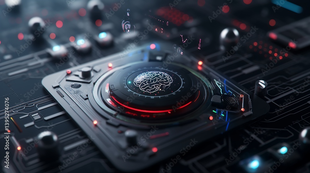 Poster a conceptual visualization of artificial intelligence with a glowing ai core in the center, surround