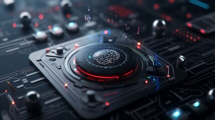 A conceptual visualization of artificial intelligence with a glowing AI core in the center, surrounded by augmented reality holograms including brain-like patterns, floating data spheres