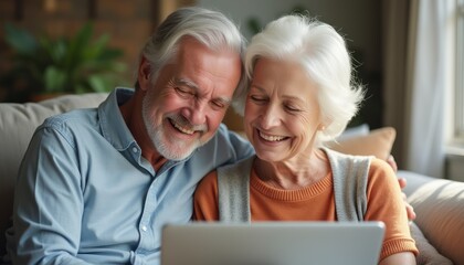 An affectionate elderly couple, a man with gray hair and a woman with white hair, share a joyful moment while looking at a laptop together. Their warm smiles and close proximity radiate love and