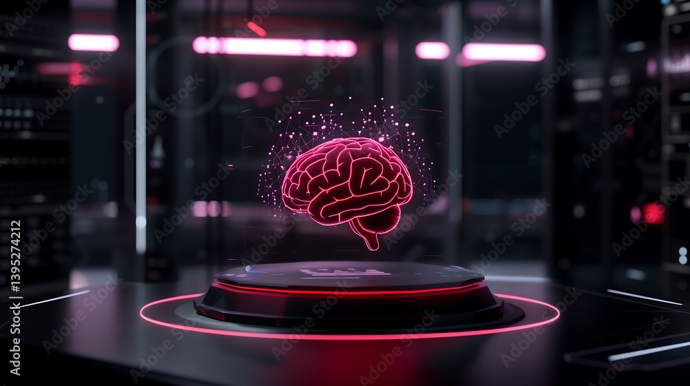 Poster a conceptual visualization of artificial intelligence with a glowing ai core in the center, surround