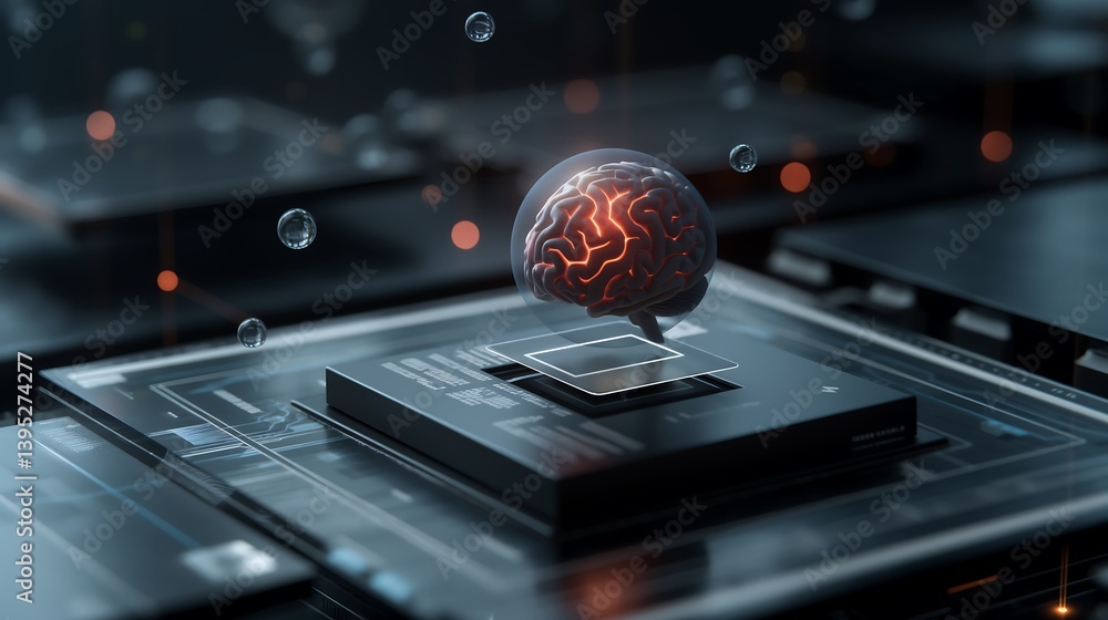 Poster a conceptual visualization of artificial intelligence with a glowing ai core in the center, surround