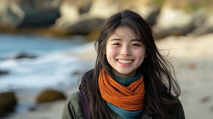Young woman radiates joy in a serene portrait, embodying pure happiness and inner peace.