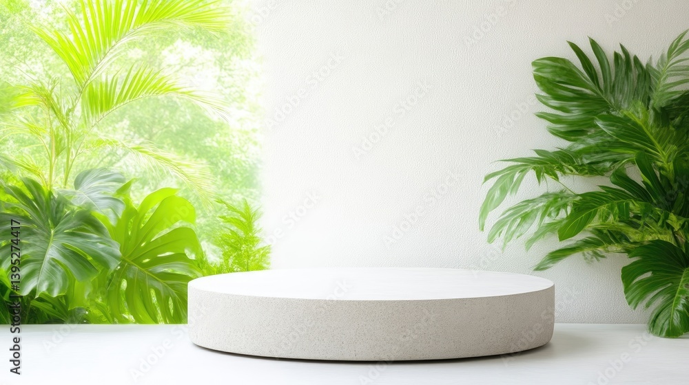Poster circular display platform lush greenery minimalist style high-resolution soft lighting wide shot tex