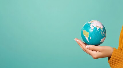 Globe in Hand on Teal Background, Earth , Environment