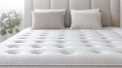 Close-up of a Plush White Mattress with Pillows, Comfort , Sleep