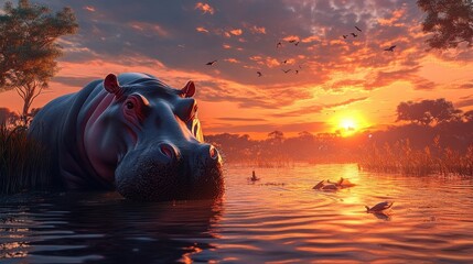 hippopotamus at sunset in african savanna