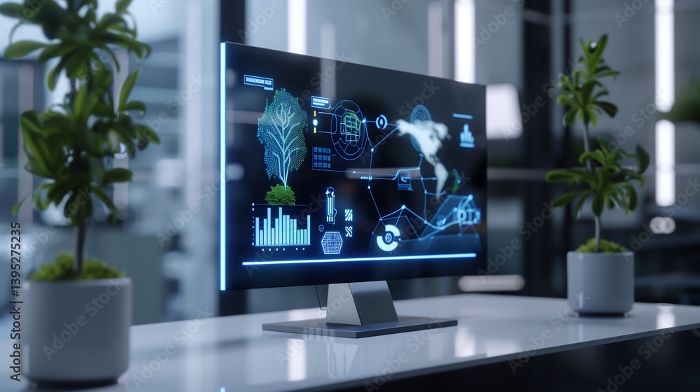 Poster a sleek augmented reality display showing an ai-powered assistant with floating holograms, 3d charts