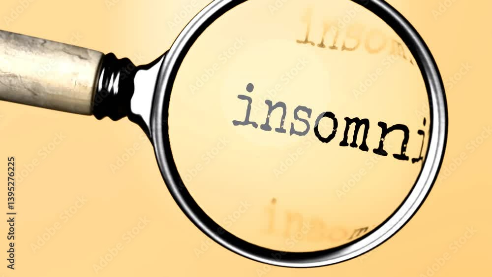 Poster insomnia under careful examination. focusing on insomnia, analyzing it, taking a closer look. concen
