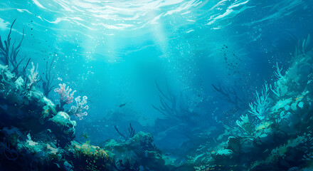 Fototapeta premium Underwater Coral Reef Scene With Sunlight