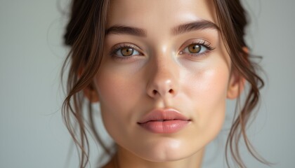 Fototapeta premium This exquisite portrait captures a young woman with flawless, glowing skin and expressive brown eyes that draw you in. Her soft, natural makeup enhances her delicate features, creating an aura of