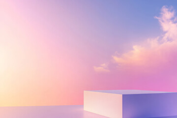 White podium with sunset gradient sky and soft cloud background