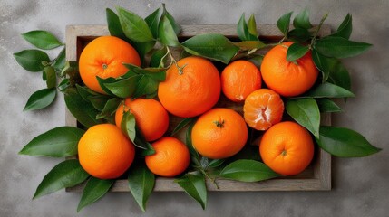 A wooden tray with oranges and leaves on it, against a grey background