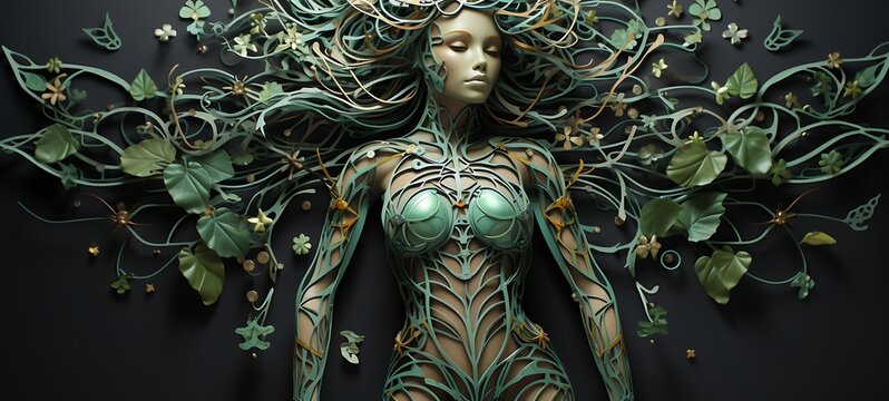 Paper quilling green leaf Dryad Nano Robot full body in a sea of diamonds, ai generative - Powered by Adobe