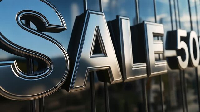 A clear and eye-catching sale sign displays a 50 percent discount in shiny letters. Shoppers walk by a store front on a bright, sunny day, excited about the promotions available