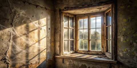 Sunlit Decay  A weathered window in a crumbling room, dust motes dancing in the golden light