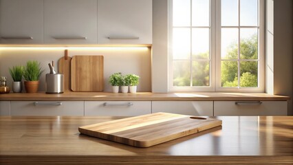 Fototapeta premium Bright kitchen countertop with wooden cutting board, sunlight streaming through window
