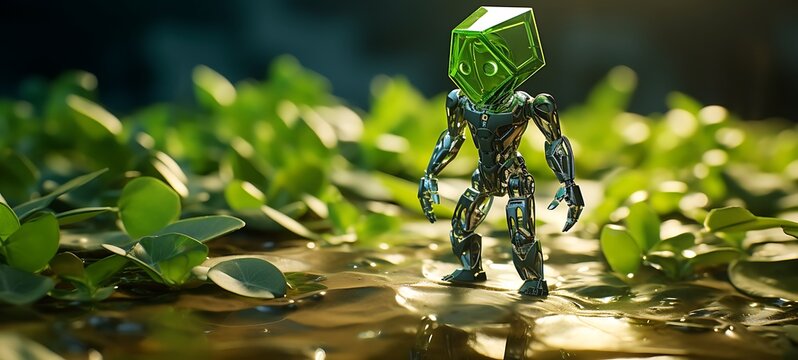 Paper quilling green leaf Dryad Nano Robot full body in a sea of diamonds, ai generative