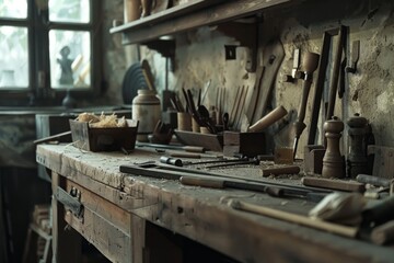 tools on a rustic workbench workshop