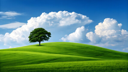 Obraz premium Single Tree on Green Hill with Blue Sky