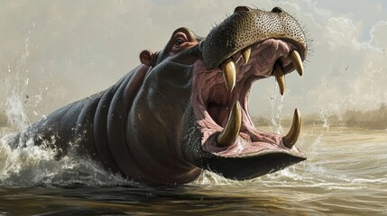 Fototapeta premium hippopotamus emerging from water angry hippo wildlife art