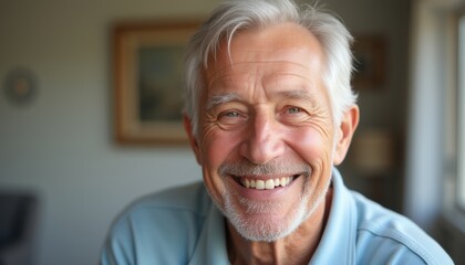 An elderly man with silver hair and a bright smile radiates warmth and happiness, set against a softly blurred background. His joyful expression invites connection, embodying the beauty of aging