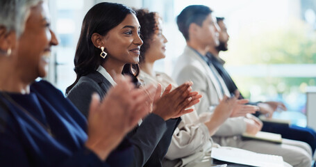 Happy, business people or meeting with applause at workshop for presentation, thank you or well...