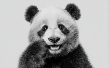 Obraz premium Cheerful panda with paw near mouth and friendly smile, clean white backdrop, soft lighting, cute bear expression