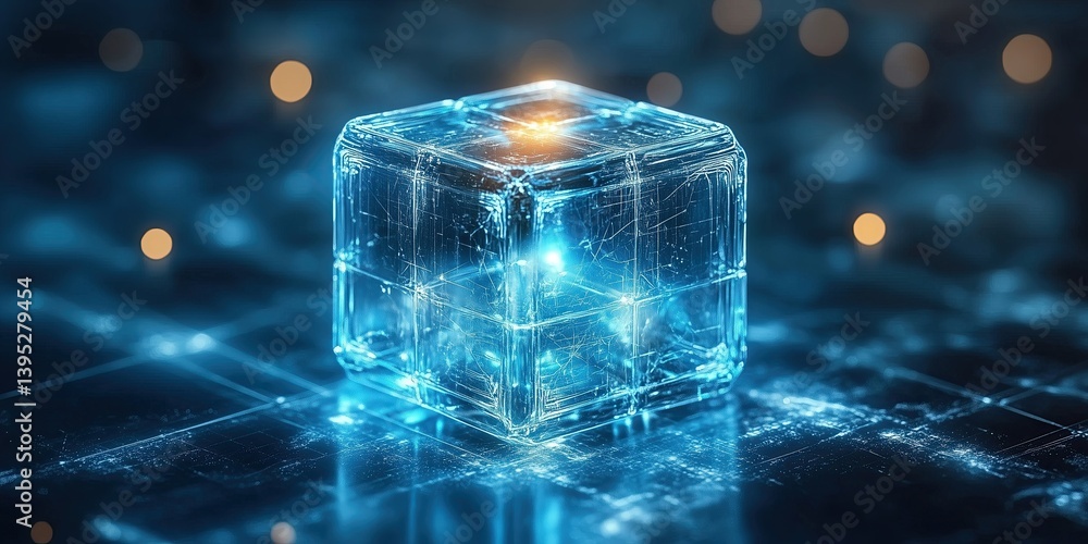 Poster a glowing transparent cube with intricate patterns, set against a dark background, symbolizing techn