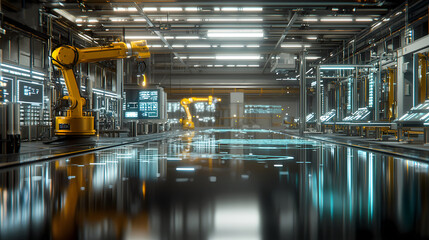 Fototapeta premium A modern industrial workspace featuring robotic arms, sleek surfaces, and high-tech displays, showcasing automation and advanced technology.