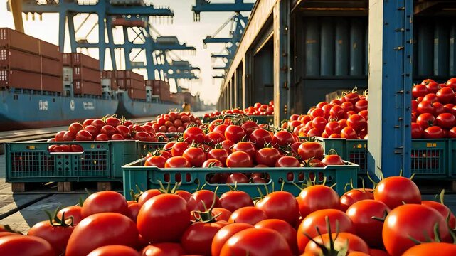 Fresh Tomatoes in Crates at Busy Port with Cranes and Shipping Containers in Industrial Setting