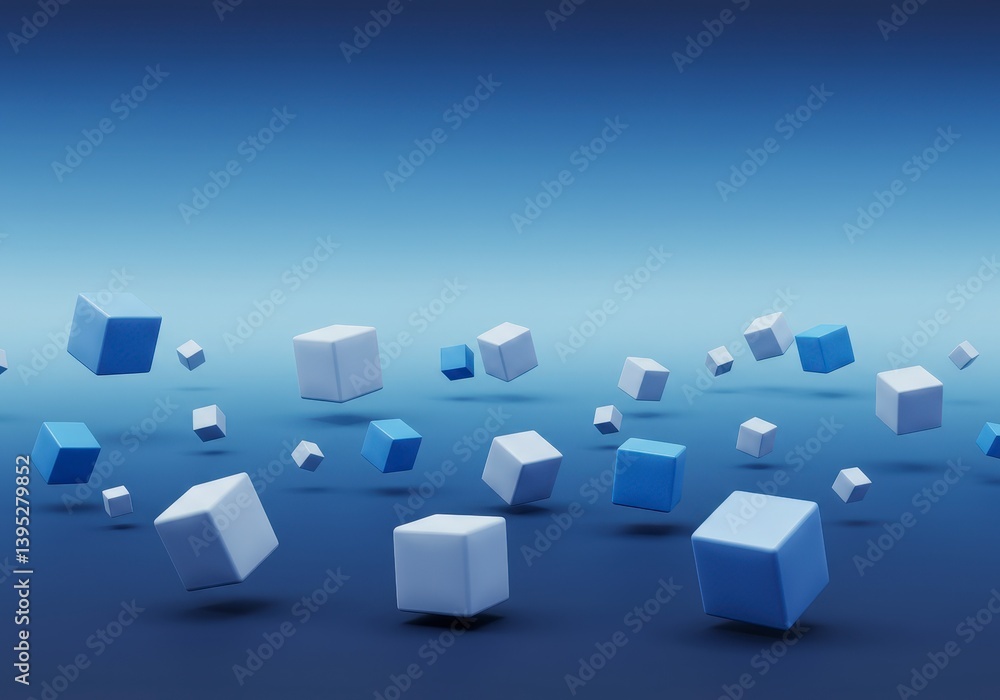 Poster floating cubes in blue tones abstract design with depth and perspective
